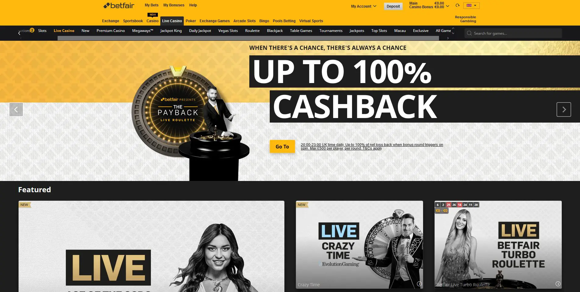 betfair live casino ruletė blackjack 100% cashback pinigų grąžinimas crazy time live kazino