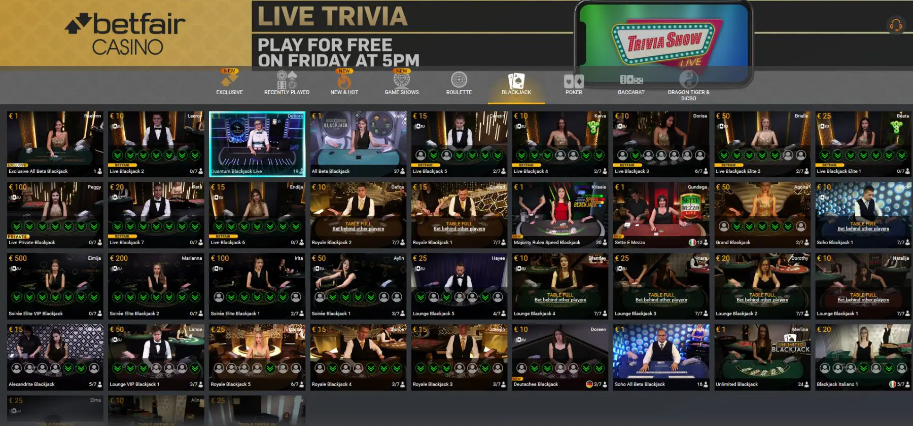 betfair playtech live casino roulette blackjack game shows bacarrat