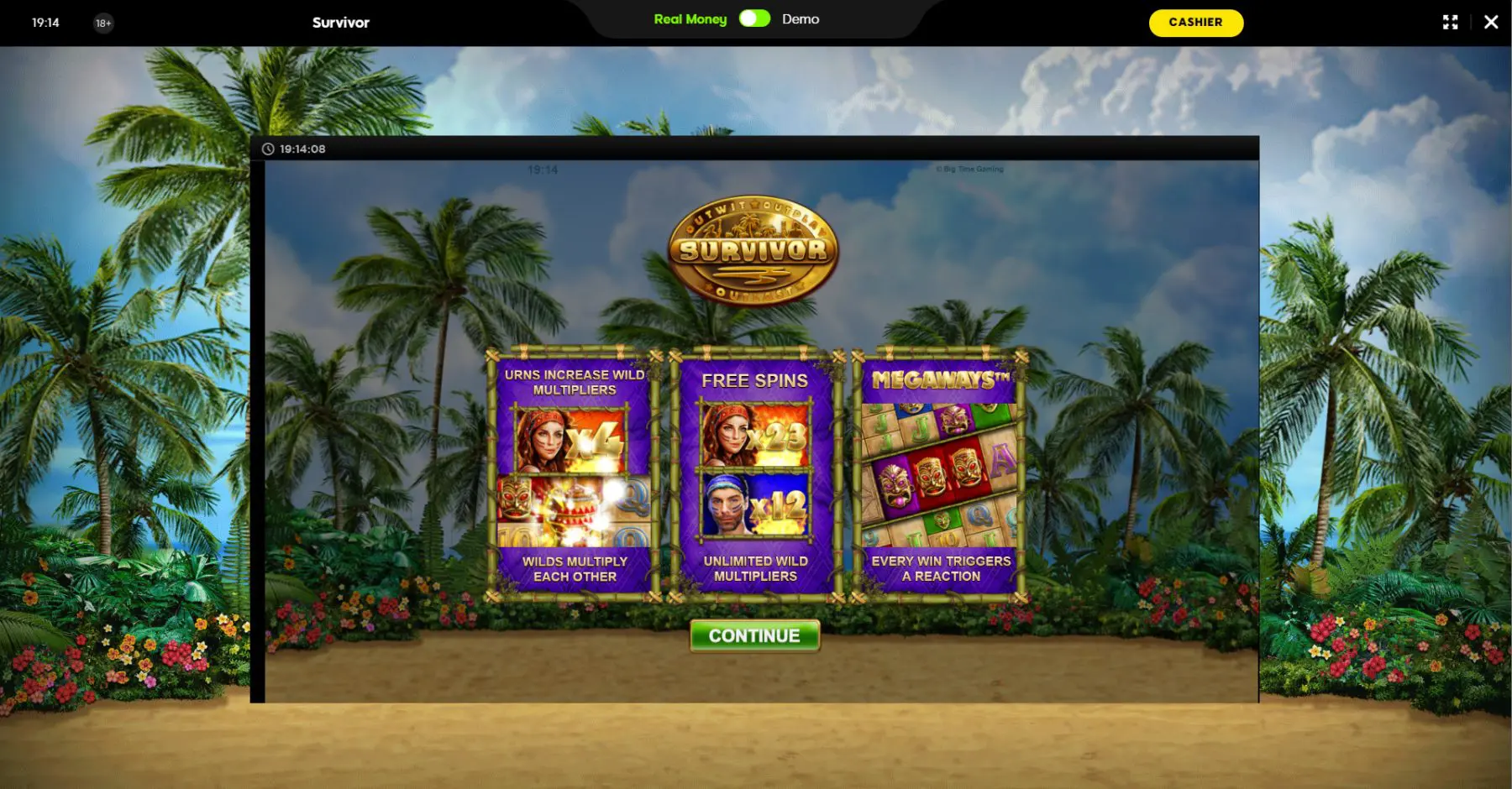 888 casino slots lošimo automatai survivor megaways big time gaming tropinė sala palmė paplūdimys smėlis