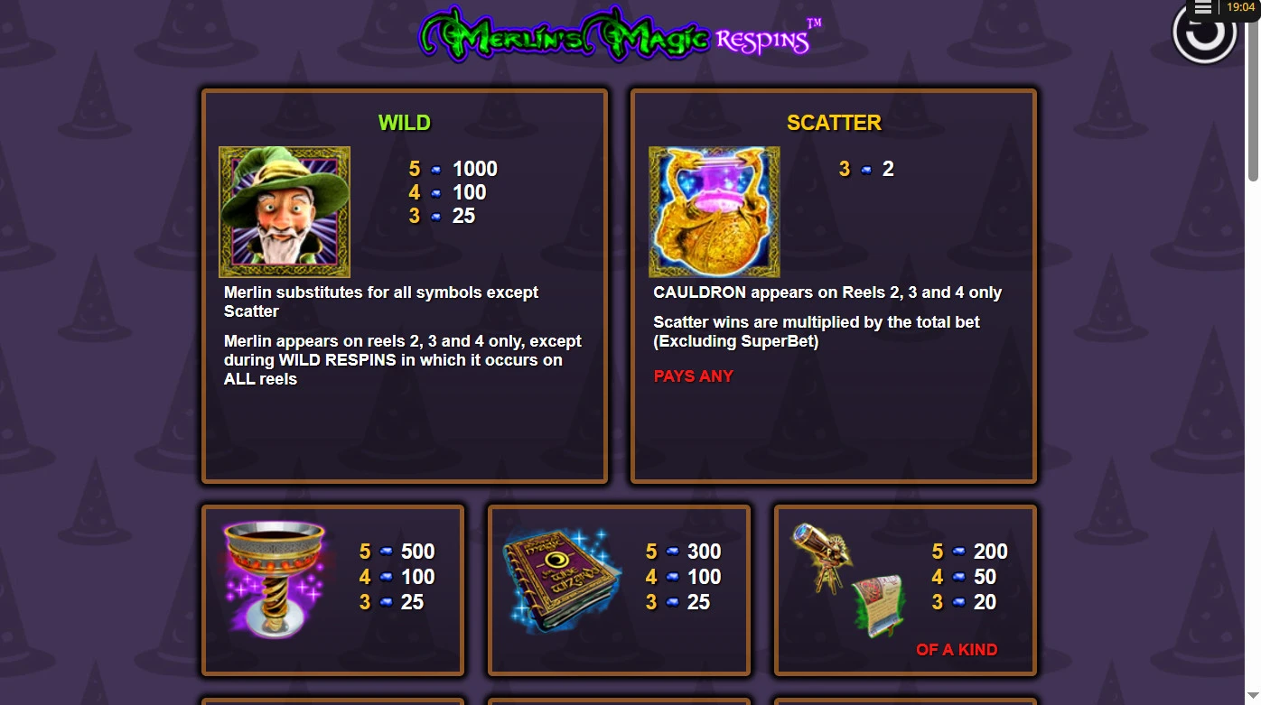 Žaidimo simboliai Merlins-magic-respins-simboliai