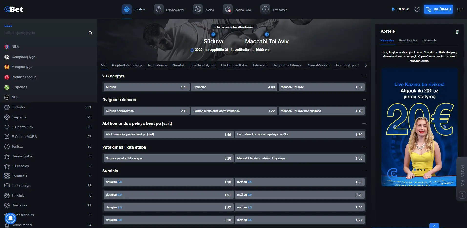 cbet sporto lažybos pasiūla futbolas sūduva maccabi tel aviv nba koeficientai