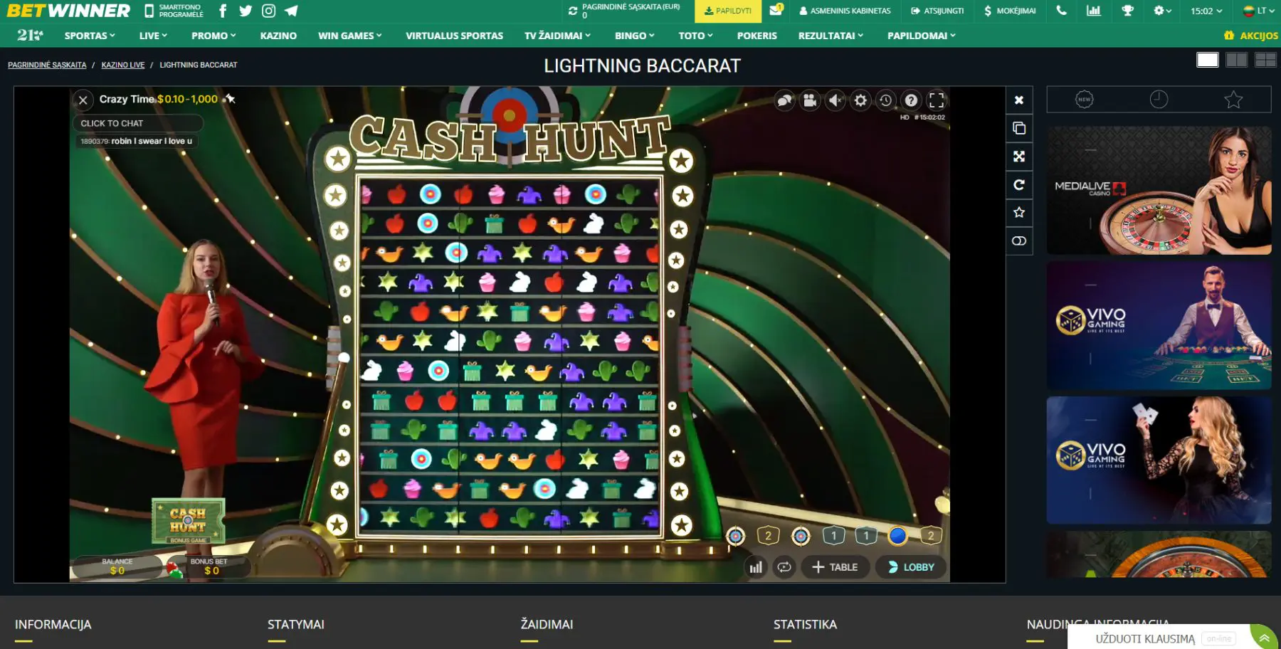 betwinner evolution gaming crazy time kazino žaidimas cash hunt žaidimo vedėja