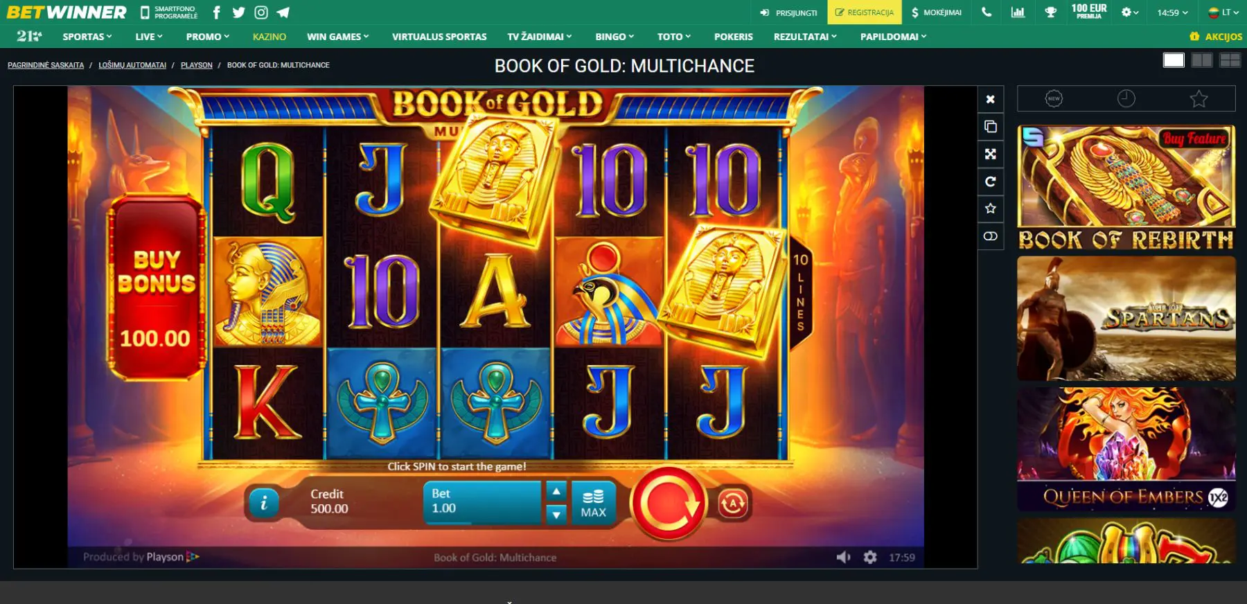 book of gold betwinner playson lošimo automatas
