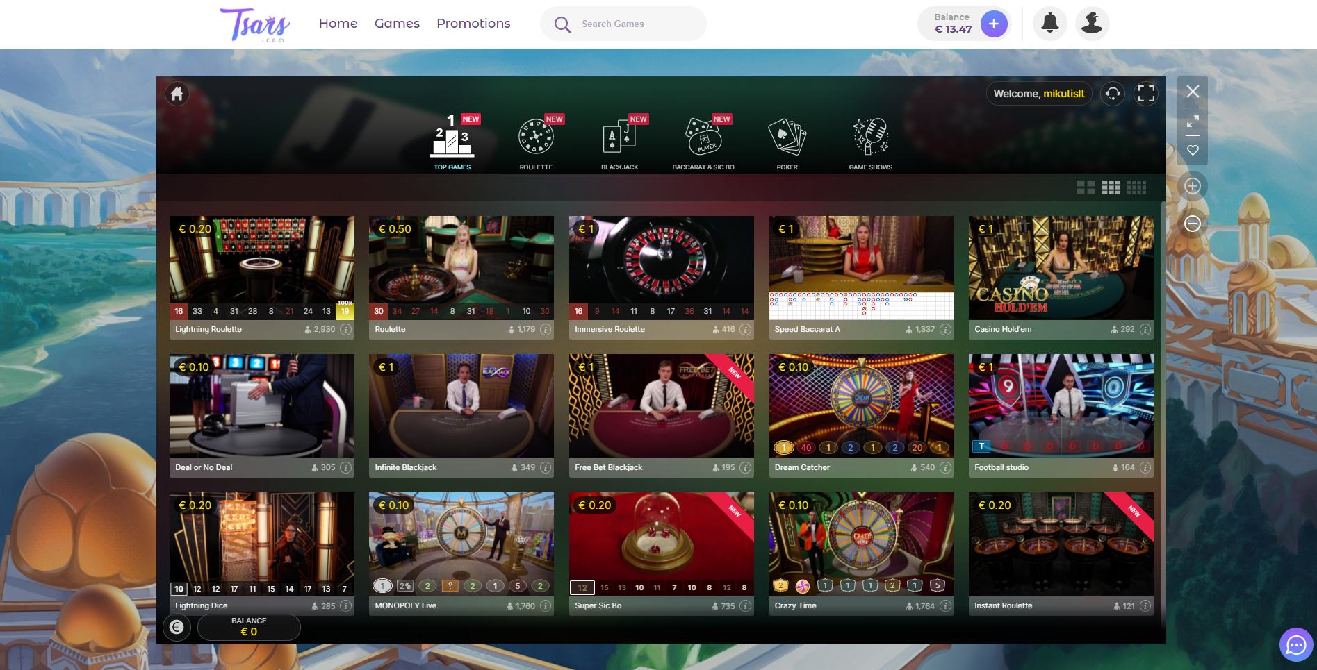 tsars live casino evolution gaming blackjack ruletė bakara sic bo monopoly live