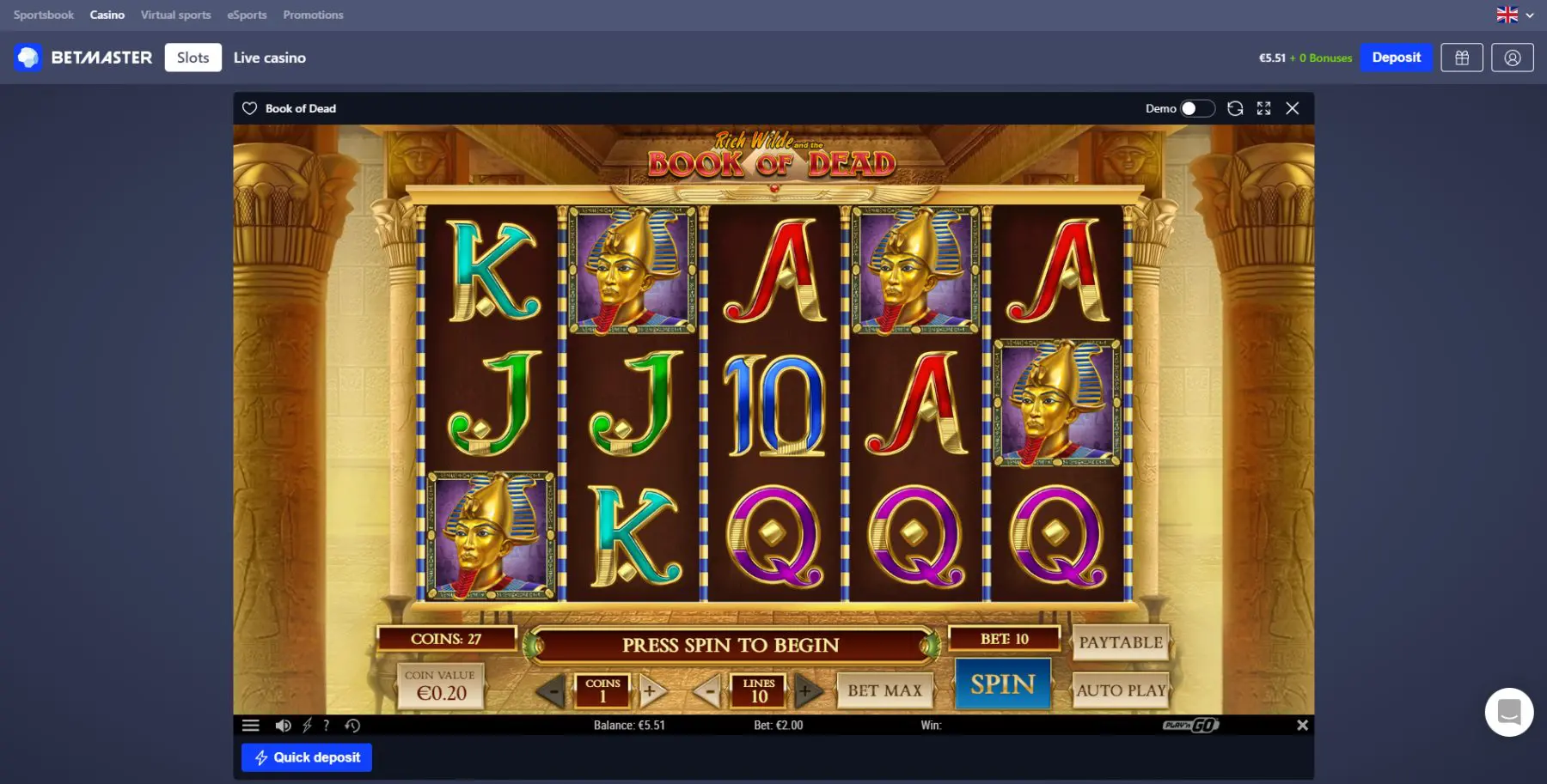 betmaster book of dead lošimo automatas play n go