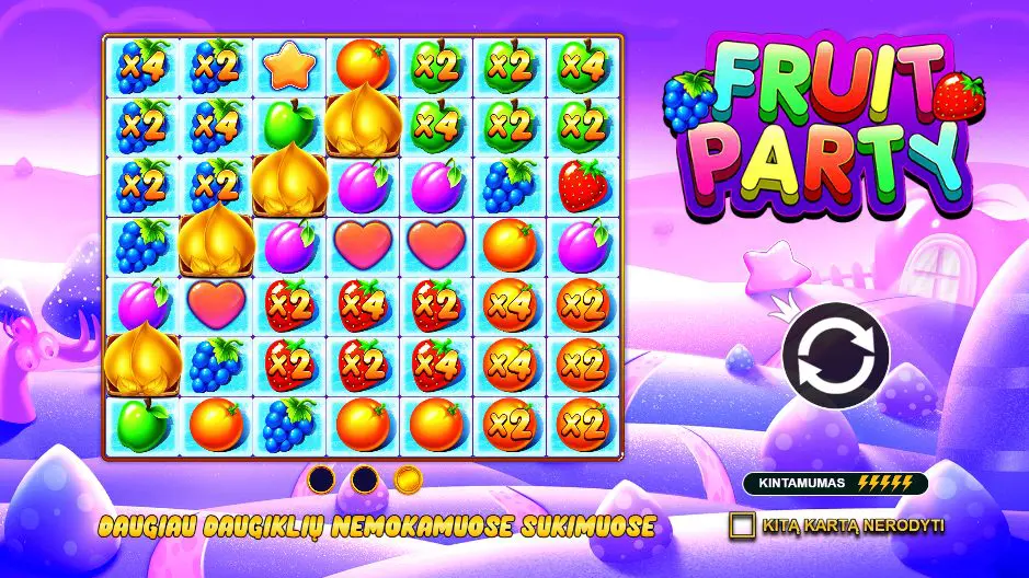 fruit party lošimo automatas daugikliai braškės obuoliai persikai
