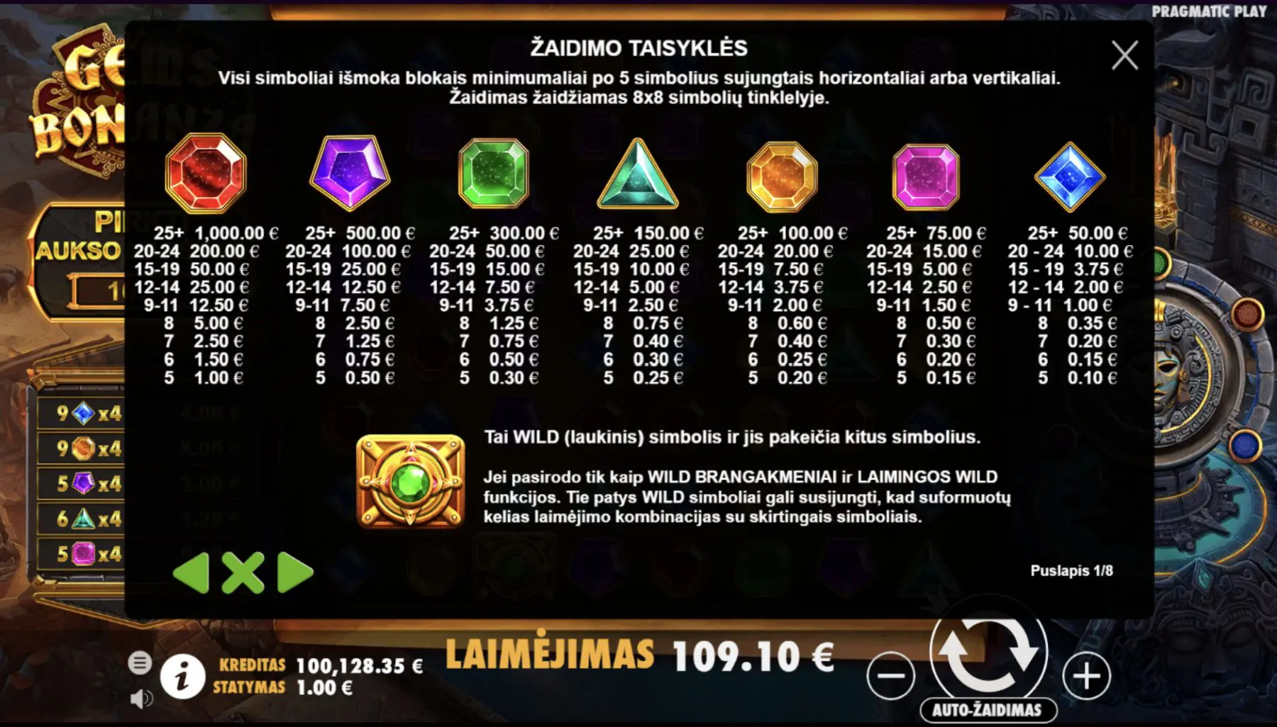 gems bonanza simboliai brangakmeniai deimantai rubinas