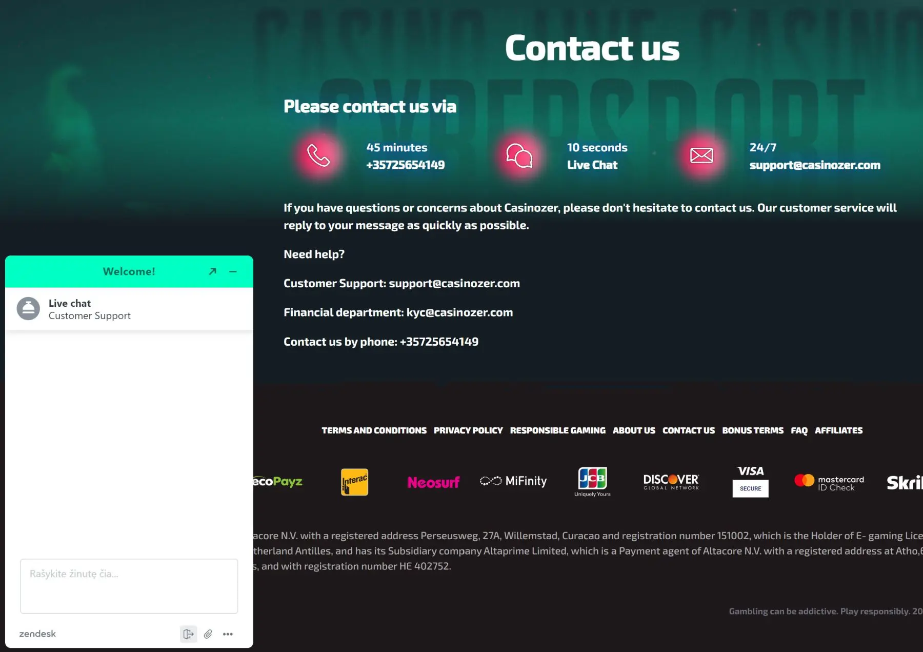 casinozer klientų aptarnavimo centras live chat casinozer klientų aptarnavimo centras live chat