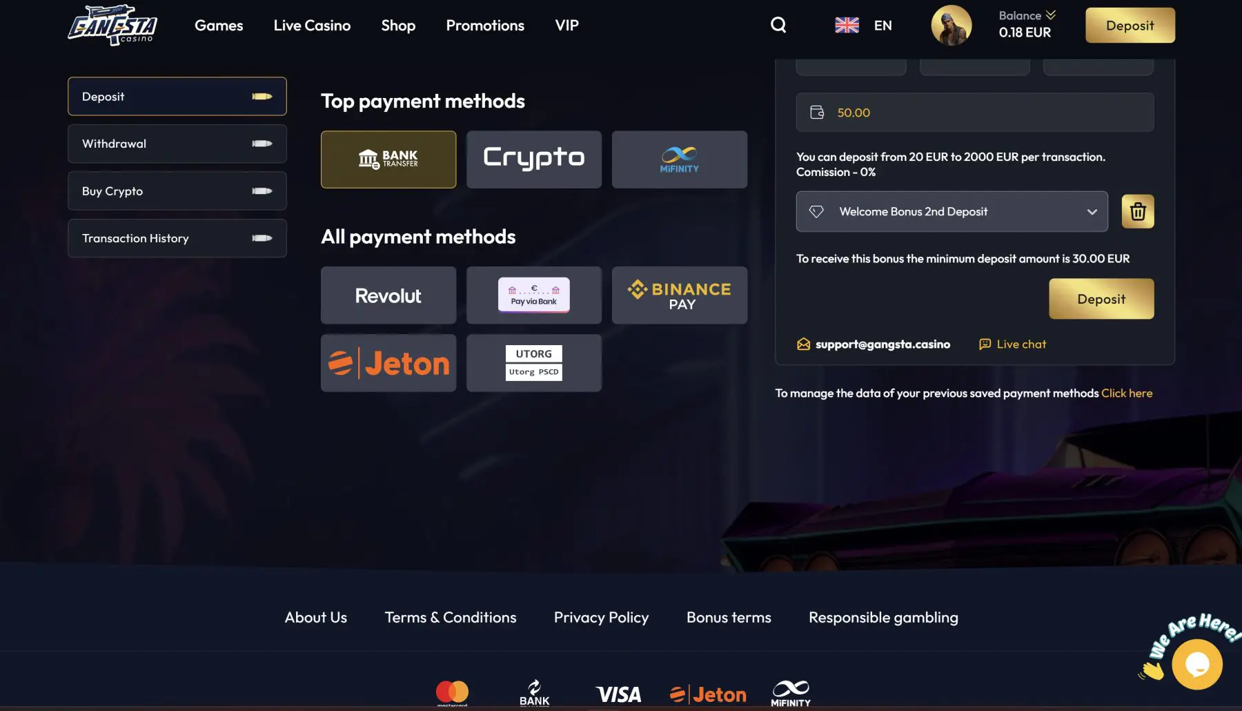 gangstacasino mokėjimo metodai kripto mastercard visa bankinis pavedimas