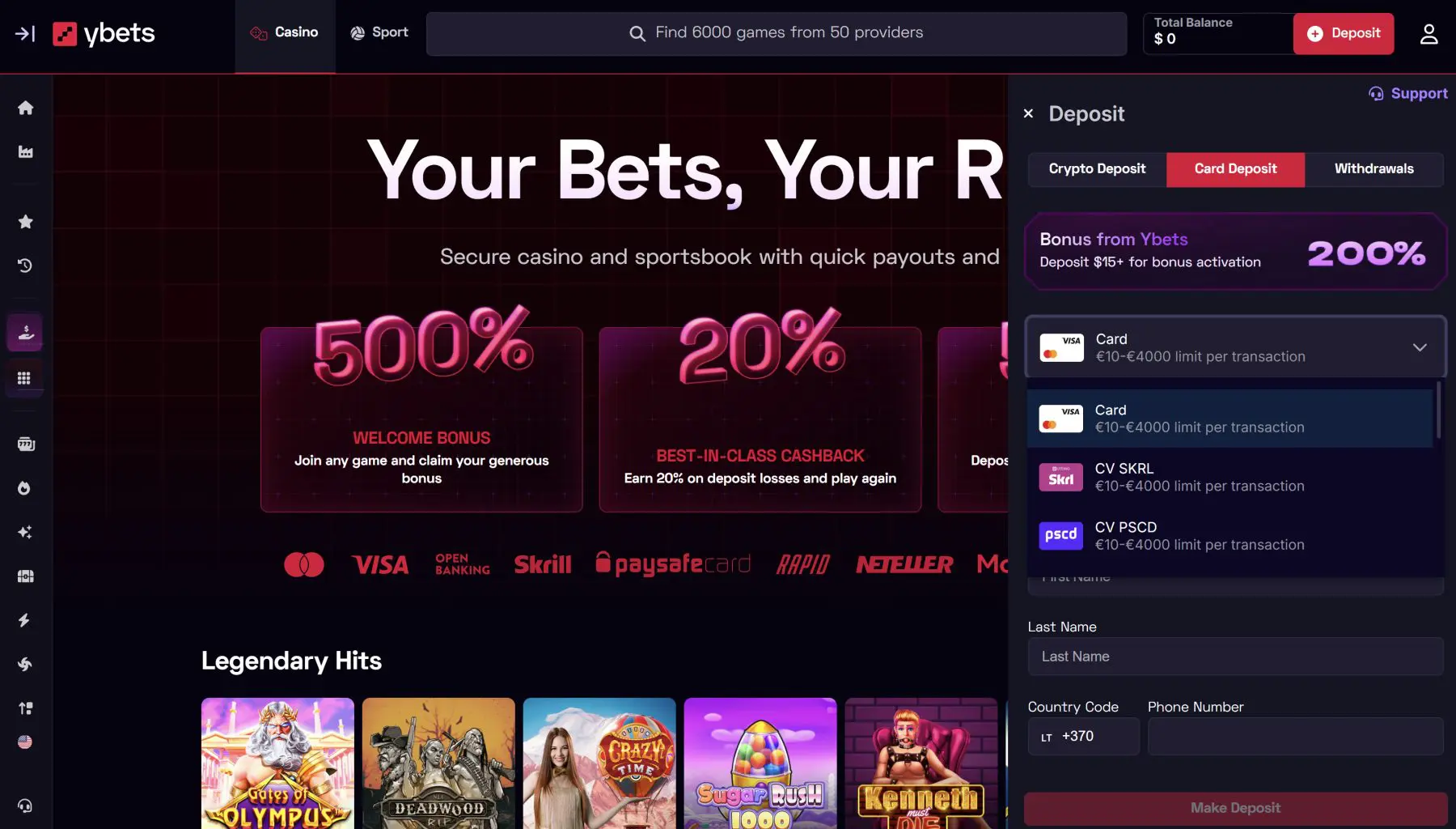 ybets kazino mokėjimai visa mastercard