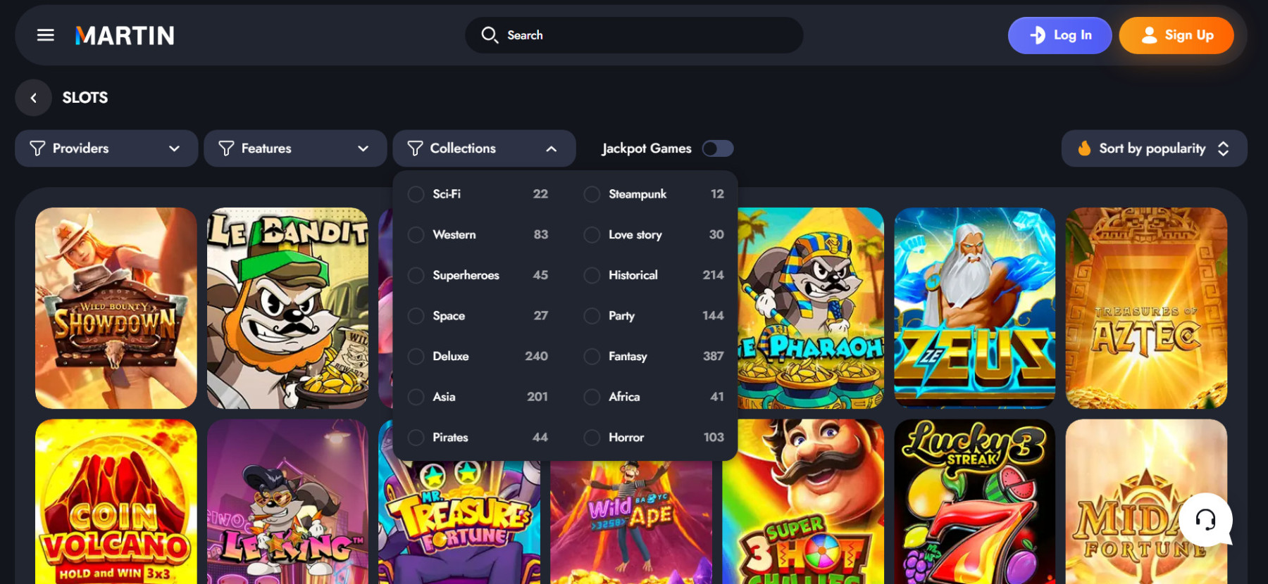 Screenshot der Spieloberfläche von Martin Casino mit verschiedenen Slot-Spielen