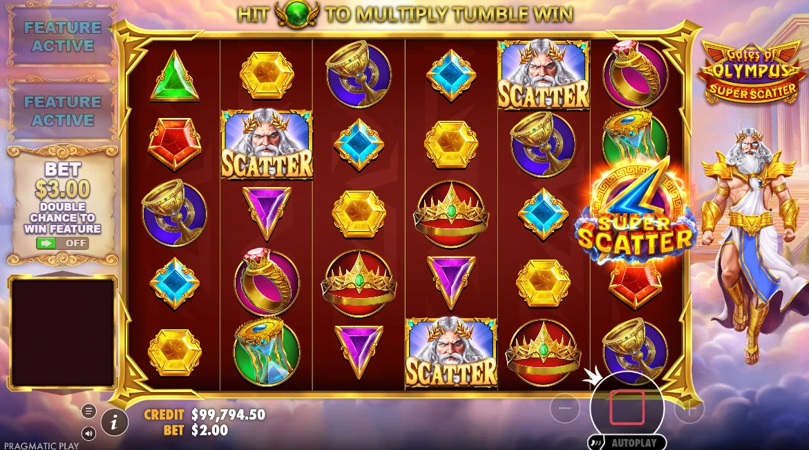 „Scatter“ ir „Super Scatter“ simboliai Gates-of-Olympus-Super-Scatter