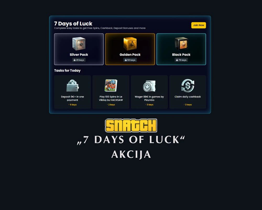 „Snatch“ kazino kviečia į „7 Days of Luck“ maratoną